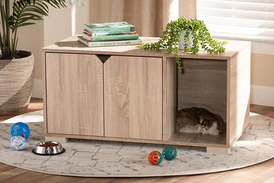 Baxton Studio Jasper Modern and Contemporary Oak Finished 2-Door Wood Cat Litter Box Cover House