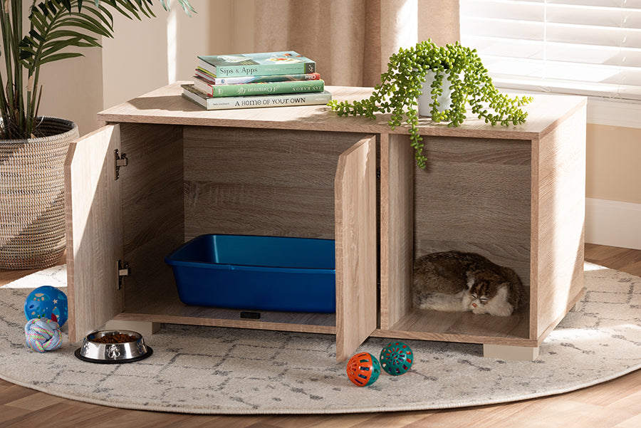 Baxton Studio Jasper Modern and Contemporary Oak Finished 2-Door Wood Cat Litter Box Cover House