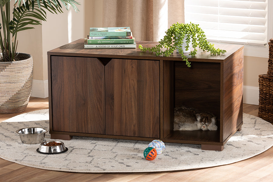 Baxton Studio Jasper Modern and Contemporary Walnut Brown Finished 2-Door Wood Cat Litter Box Cover House