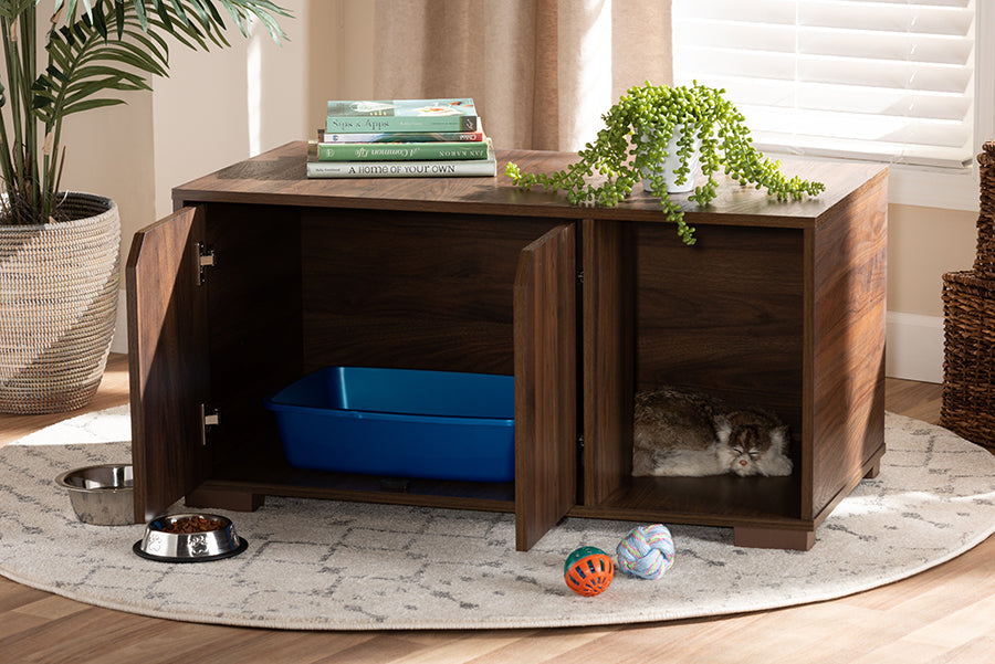 Baxton Studio Jasper Modern and Contemporary Walnut Brown Finished 2-Door Wood Cat Litter Box Cover House