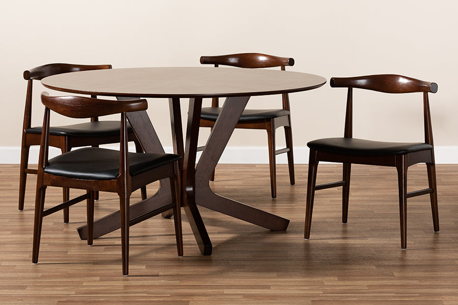 Baxton Studio Berlin Mid-Century Modern Black Faux Leather Upholstered Walnut Finished 5-Piece Wood Dining Set