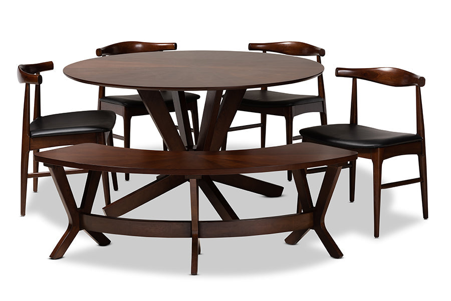 Baxton Studio Berlin Mid-Century Modern Black Faux Leather Upholstered Walnut Finished 6-Piece Wood Dining Set