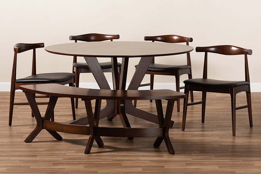 Baxton Studio Berlin Mid-Century Modern Black Faux Leather Upholstered Walnut Finished 6-Piece Wood Dining Set