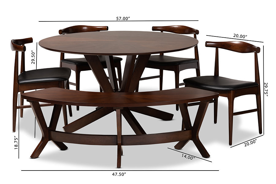 Baxton Studio Berlin Mid-Century Modern Black Faux Leather Upholstered Walnut Finished 6-Piece Wood Dining Set