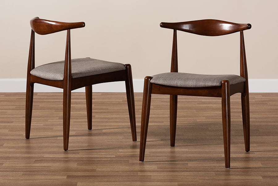Baxton Studio Aeron Mid-Century Modern Light Gray Fabric Upholstered Walnut Finished Wood Dining Chair Set of 2