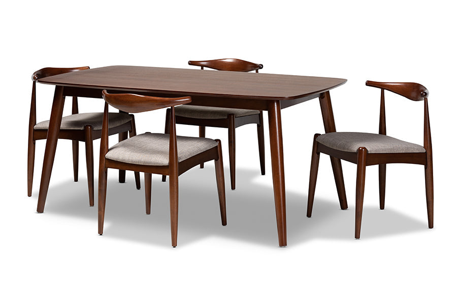 Baxton Studio Aeron Mid-Century Modern Light Gray Fabric Upholstered Walnut Finished Wood 5-Piece Dining Set