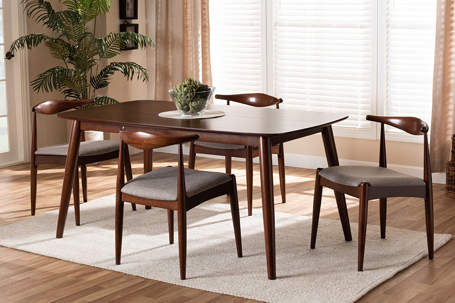 Baxton Studio Aeron Mid-Century Modern Light Gray Fabric Upholstered Walnut Finished Wood 5-Piece Dining Set