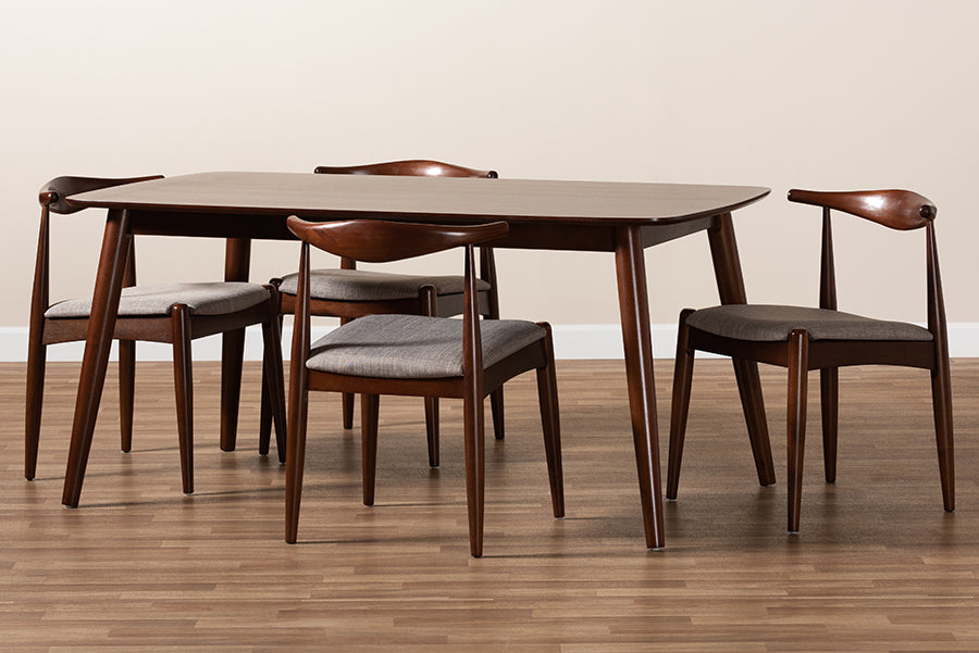Baxton Studio Aeron Mid-Century Modern Light Gray Fabric Upholstered Walnut Finished Wood 5-Piece Dining Set