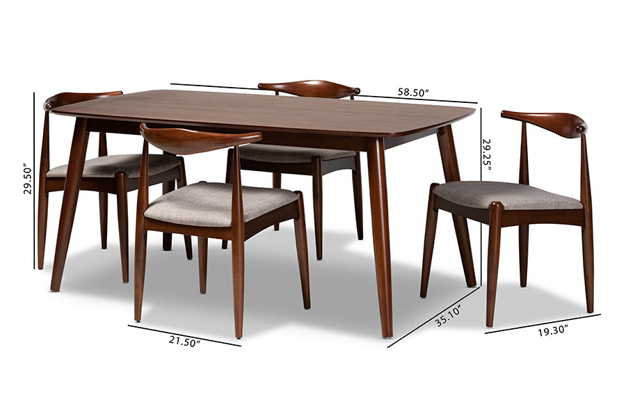 Baxton Studio Aeron Mid-Century Modern Light Gray Fabric Upholstered Walnut Finished Wood 5-Piece Dining Set