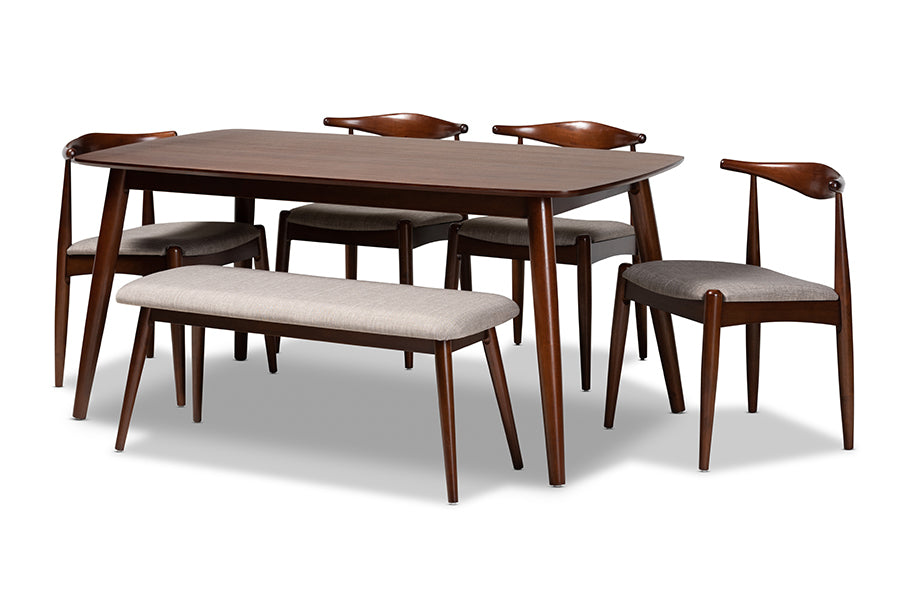 Baxton Studio Aeron Mid-Century Modern Light Gray Fabric Upholstered Walnut Finished Wood 6-Piece Dining Set