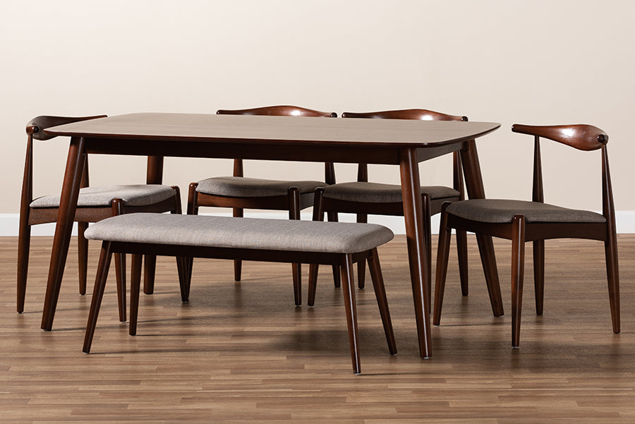Baxton Studio Aeron Mid-Century Modern Light Gray Fabric Upholstered Walnut Finished Wood 6-Piece Dining Set