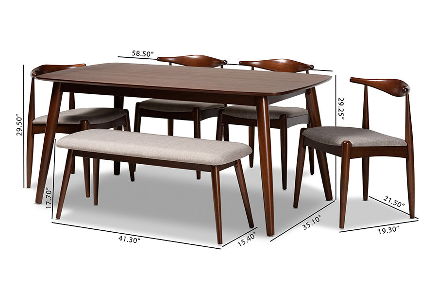 Baxton Studio Aeron Mid-Century Modern Light Gray Fabric Upholstered Walnut Finished Wood 6-Piece Dining Set