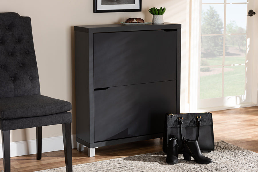 Baxton Studio Simms Modern and Contemporary Dark Grey Finished Wood Shoe Storage Cabinet with 4 Fold-Out Racks
