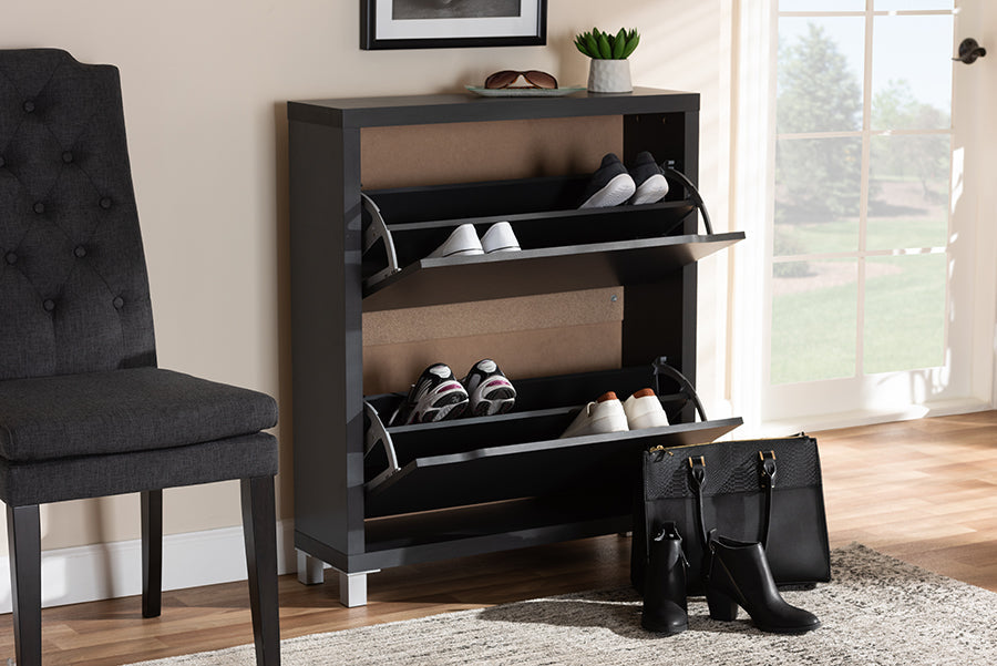 Baxton Studio Simms Modern and Contemporary Dark Grey Finished Wood Shoe Storage Cabinet with 4 Fold-Out Racks