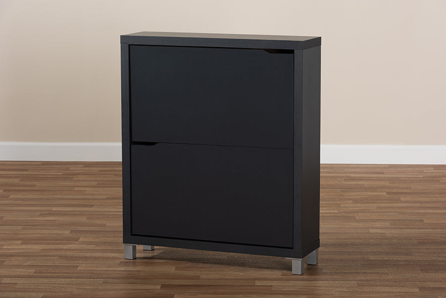 Baxton Studio Simms Modern and Contemporary Dark Grey Finished Wood Shoe Storage Cabinet with 4 Fold-Out Racks