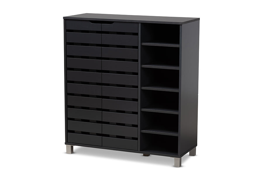 Baxton Studio Shirley Modern and Contemporary Dark Grey Finished 2-Door Wood Shoe Storage Cabinet with Open Shelves