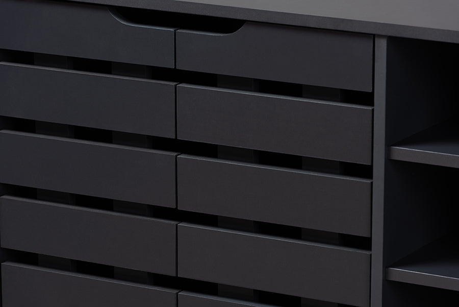 Baxton Studio Shirley Modern and Contemporary Dark Grey Finished 2-Door Wood Shoe Storage Cabinet with Open Shelves