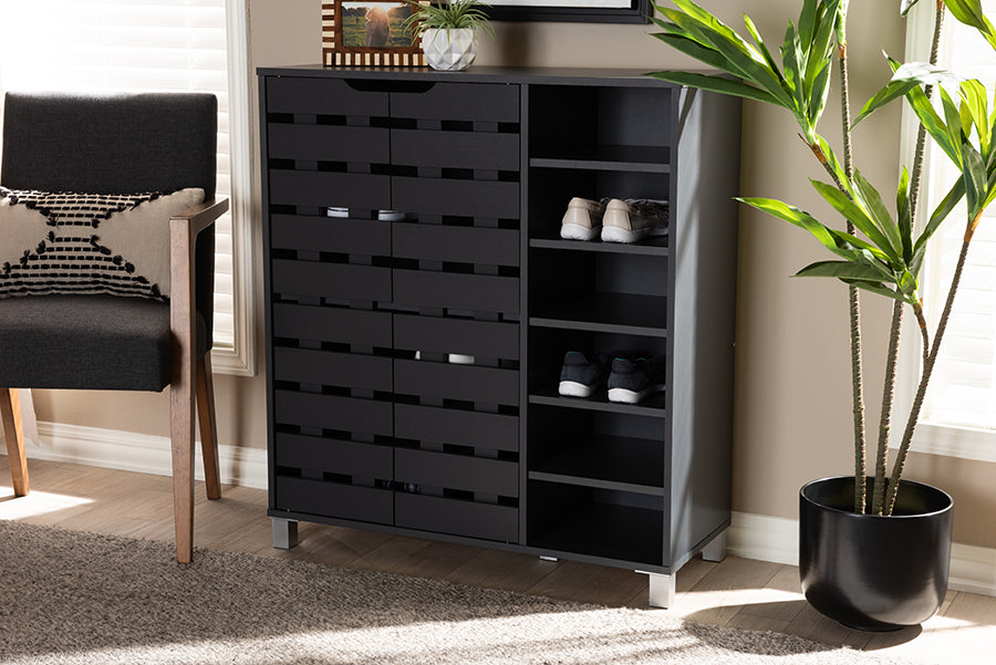 Baxton Studio Shirley Modern and Contemporary Dark Grey Finished 2-Door Wood Shoe Storage Cabinet with Open Shelves