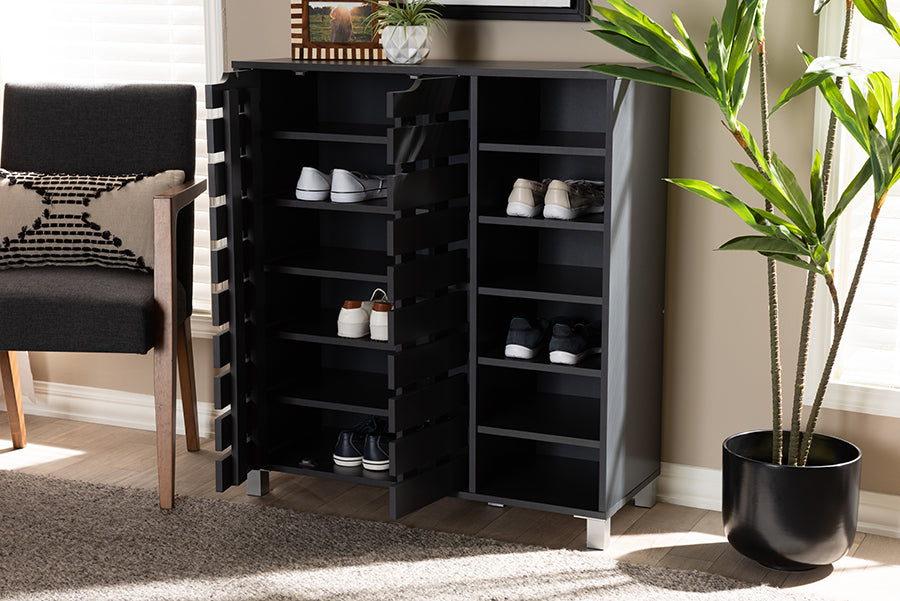Baxton Studio Shirley Modern and Contemporary Dark Grey Finished 2-Door Wood Shoe Storage Cabinet with Open Shelves