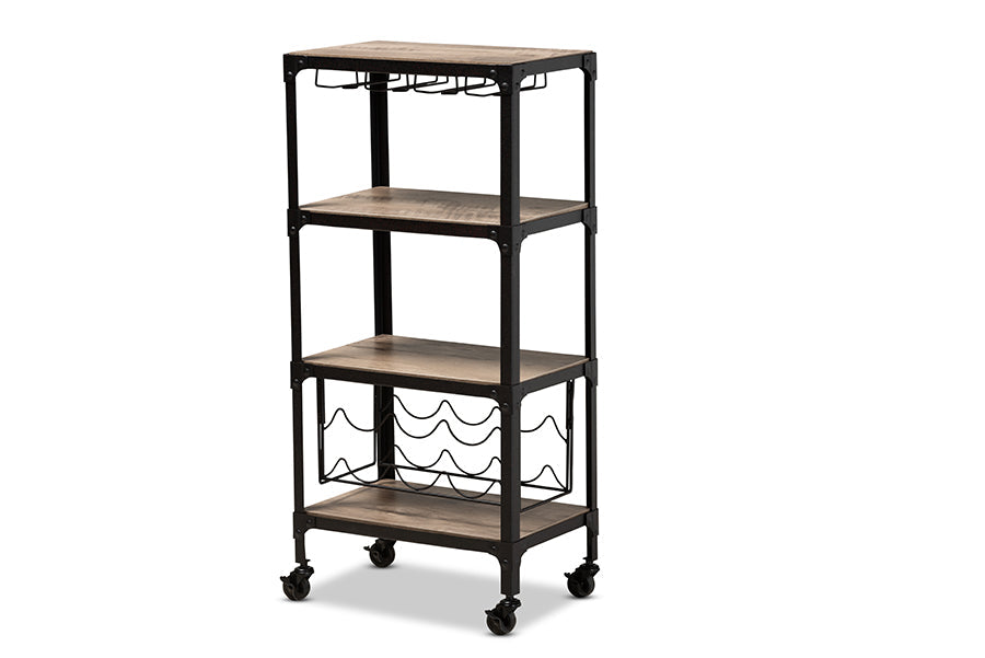 Baxton Studio Swanson Rustic Industrial Style Antique Black Textured Metal Distressed Oak Finished Wood Mobile Kitchen Bar Wine Cart