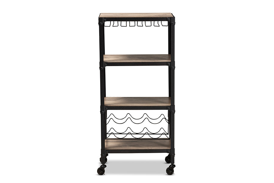 Baxton Studio Swanson Rustic Industrial Style Antique Black Textured Metal Distressed Oak Finished Wood Mobile Kitchen Bar Wine Cart