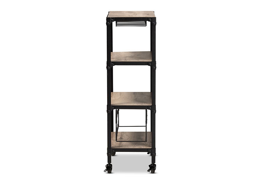 Baxton Studio Swanson Rustic Industrial Style Antique Black Textured Metal Distressed Oak Finished Wood Mobile Kitchen Bar Wine Cart