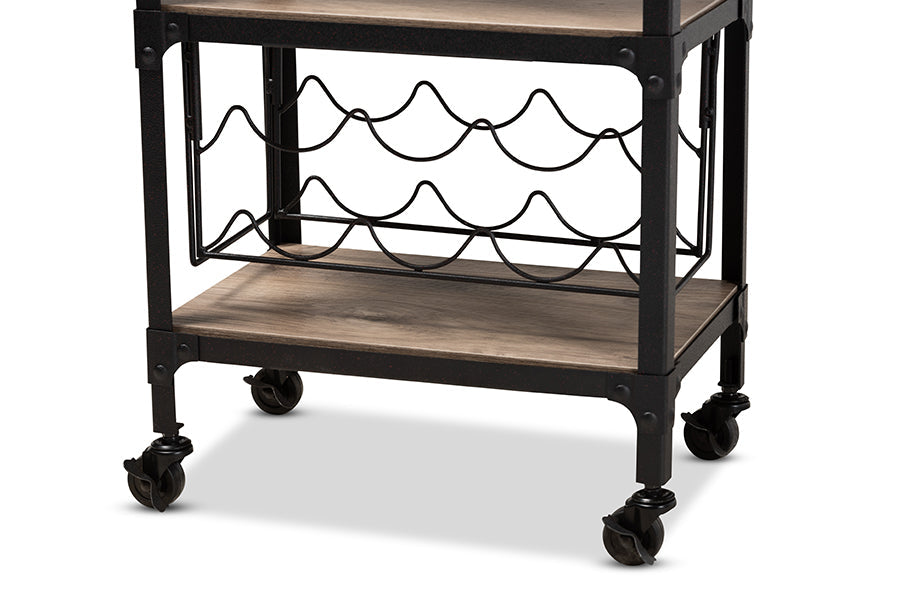 Baxton Studio Swanson Rustic Industrial Style Antique Black Textured Metal Distressed Oak Finished Wood Mobile Kitchen Bar Wine Cart