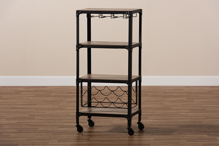 Baxton Studio Swanson Rustic Industrial Style Antique Black Textured Metal Distressed Oak Finished Wood Mobile Kitchen Bar Wine Cart