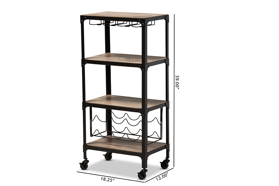 Baxton Studio Swanson Rustic Industrial Style Antique Black Textured Metal Distressed Oak Finished Wood Mobile Kitchen Bar Wine Cart