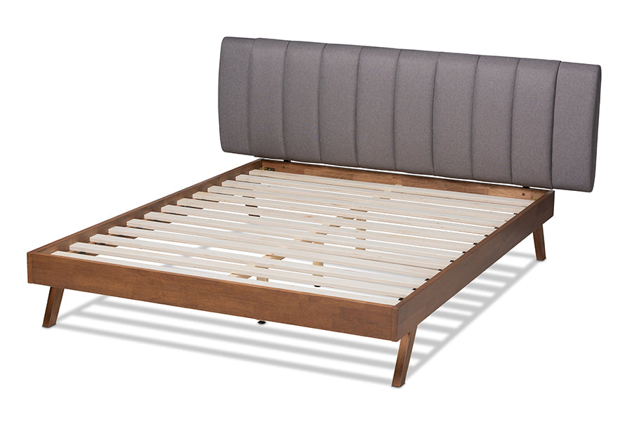 Baxton Studio Brita Mid-Century Modern Grey Fabric Upholstered Walnut Finished Wood King Size Bed