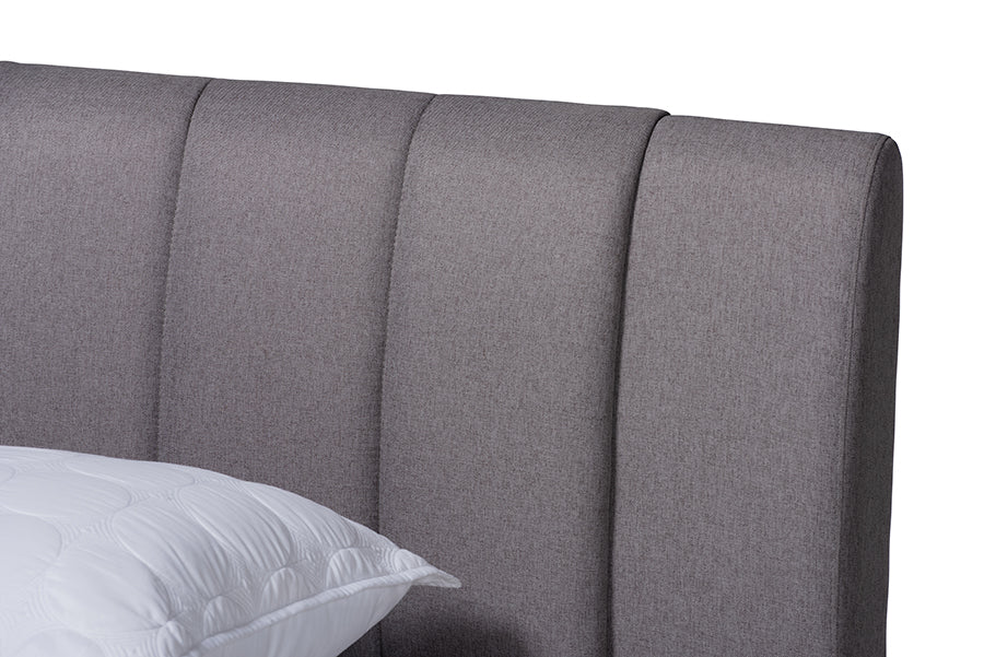 Baxton Studio Brita Mid-Century Modern Grey Fabric Upholstered Walnut Finished Wood King Size Bed
