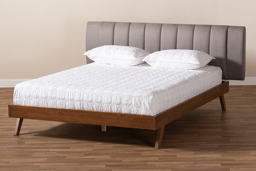 Baxton Studio Brita Mid-Century Modern Grey Fabric Upholstered Walnut Finished Wood King Size Bed