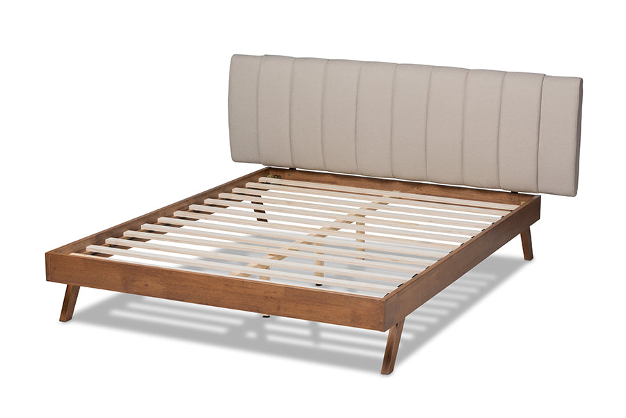 Baxton Studio Brita Mid-Century Modern Light Beige Fabric Upholstered Walnut Finished Wood King Size Bed