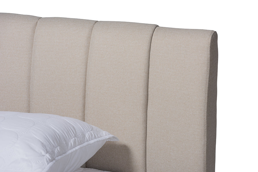 Baxton Studio Brita Mid-Century Modern Light Beige Fabric Upholstered Walnut Finished Wood King Size Bed