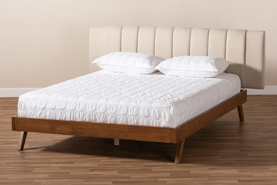 Baxton Studio Brita Mid-Century Modern Light Beige Fabric Upholstered Walnut Finished Wood King Size Bed