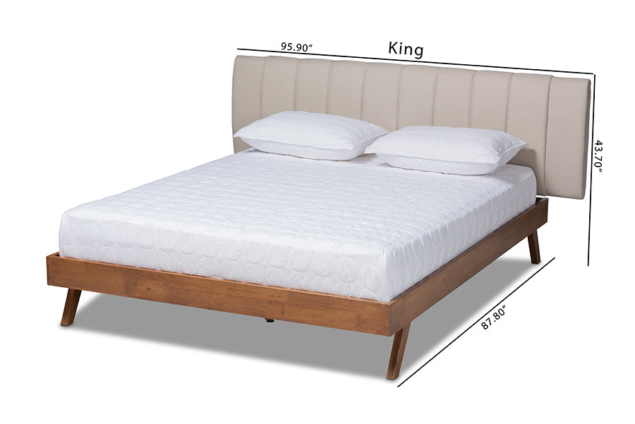 Baxton Studio Brita Mid-Century Modern Light Beige Fabric Upholstered Walnut Finished Wood Queen Size Bed