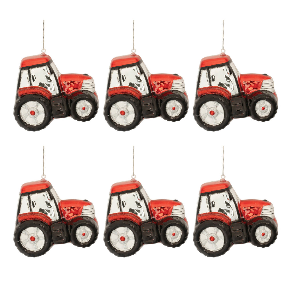 Glittered Glass Tractor Ornament (Set of 6)