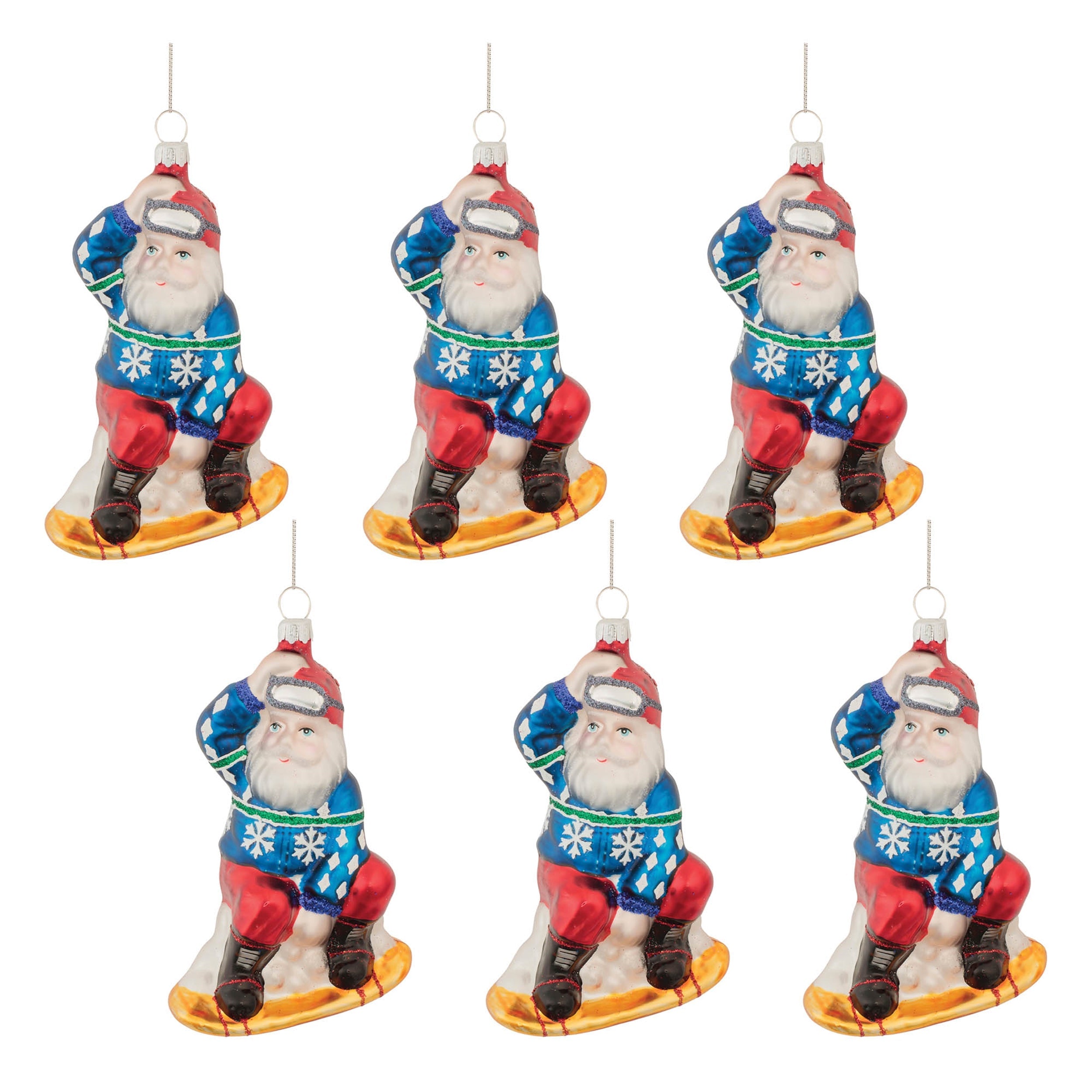 Glass Snowboarding Santa Ornament (Set of 6)