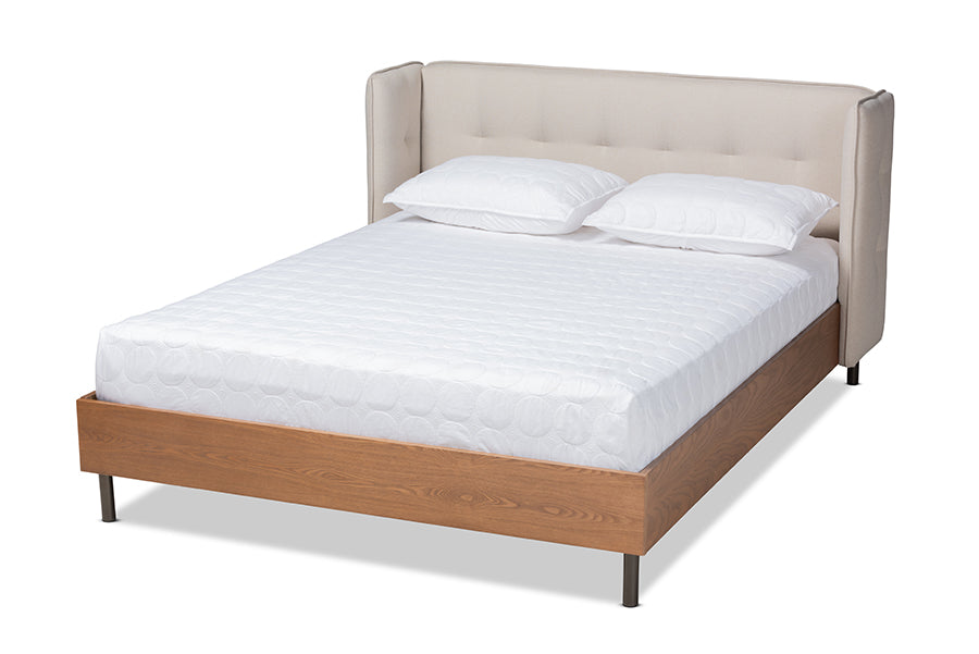 Baxton Studio Catarina Mid-Century Modern Light Beige Fabric Upholstered Walnut Finished Wood King Size Wingback Platform Bed