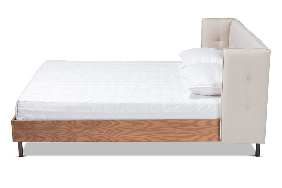 Baxton Studio Catarina Mid-Century Modern Light Beige Fabric Upholstered Walnut Finished Wood King Size Wingback Platform Bed