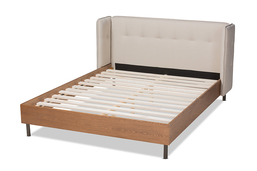 Baxton Studio Catarina Mid-Century Modern Light Beige Fabric Upholstered Walnut Finished Wood King Size Wingback Platform Bed