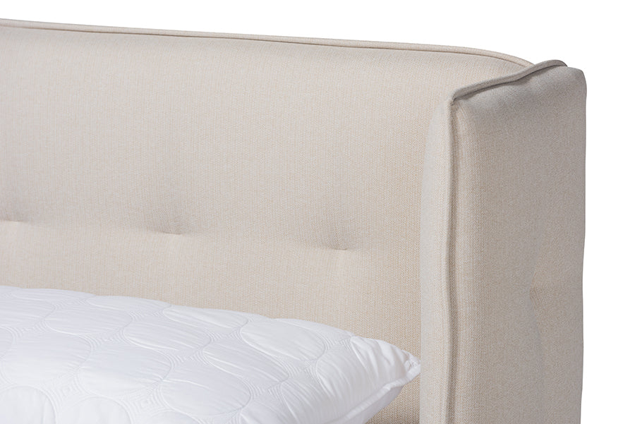 Baxton Studio Catarina Mid-Century Modern Light Beige Fabric Upholstered Walnut Finished Wood King Size Wingback Platform Bed
