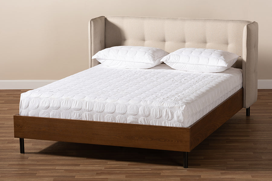 Baxton Studio Catarina Mid-Century Modern Light Beige Fabric Upholstered Walnut Finished Wood King Size Wingback Platform Bed