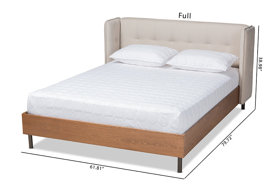 Baxton Studio Catarina Mid-Century Modern Light Beige Fabric Upholstered Walnut Finished Wood King Size Wingback Platform Bed