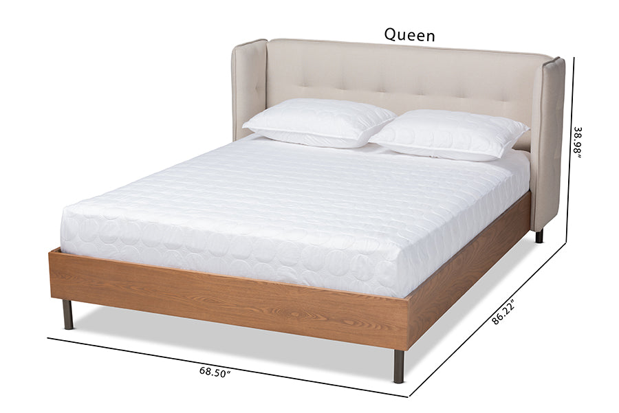 Baxton Studio Catarina Mid-Century Modern Light Beige Fabric Upholstered Walnut Finished Wood King Size Wingback Platform Bed
