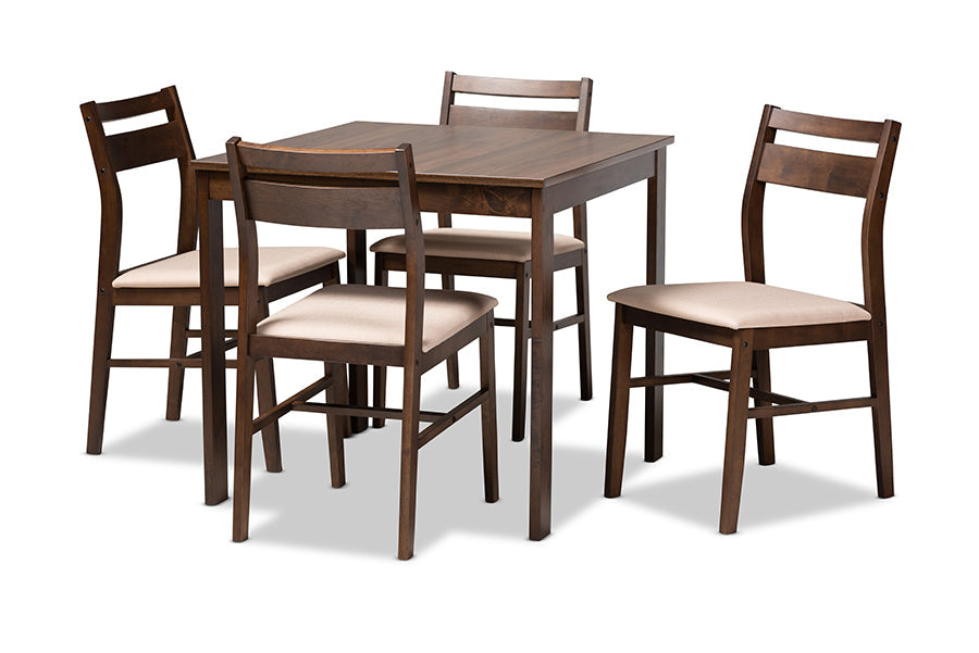 Baxton Studio Lovy Modern and Contemporary Beige Fabric Upholstered Dark Walnut-Finished 5-Piece Wood Dining Set
