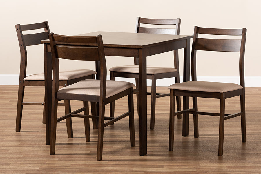 Baxton Studio Lovy Modern and Contemporary Beige Fabric Upholstered Dark Walnut-Finished 5-Piece Wood Dining Set