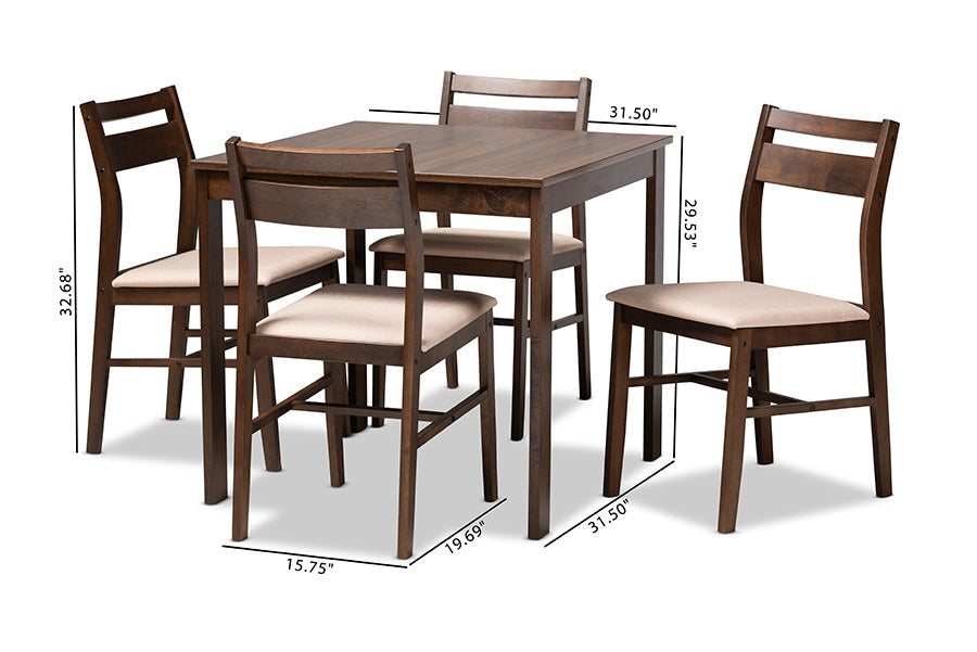 Baxton Studio Lovy Modern and Contemporary Beige Fabric Upholstered Dark Walnut-Finished 5-Piece Wood Dining Set