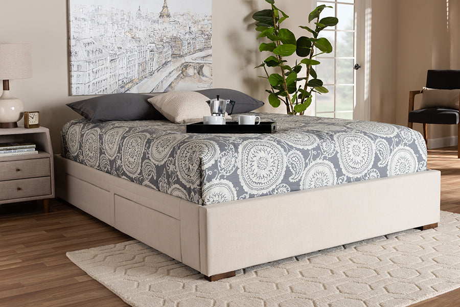 Baxton Studio Leni Modern and Contemporary Beige Fabric Upholstered 4-Drawer King Size Platform Storage Bed Frame