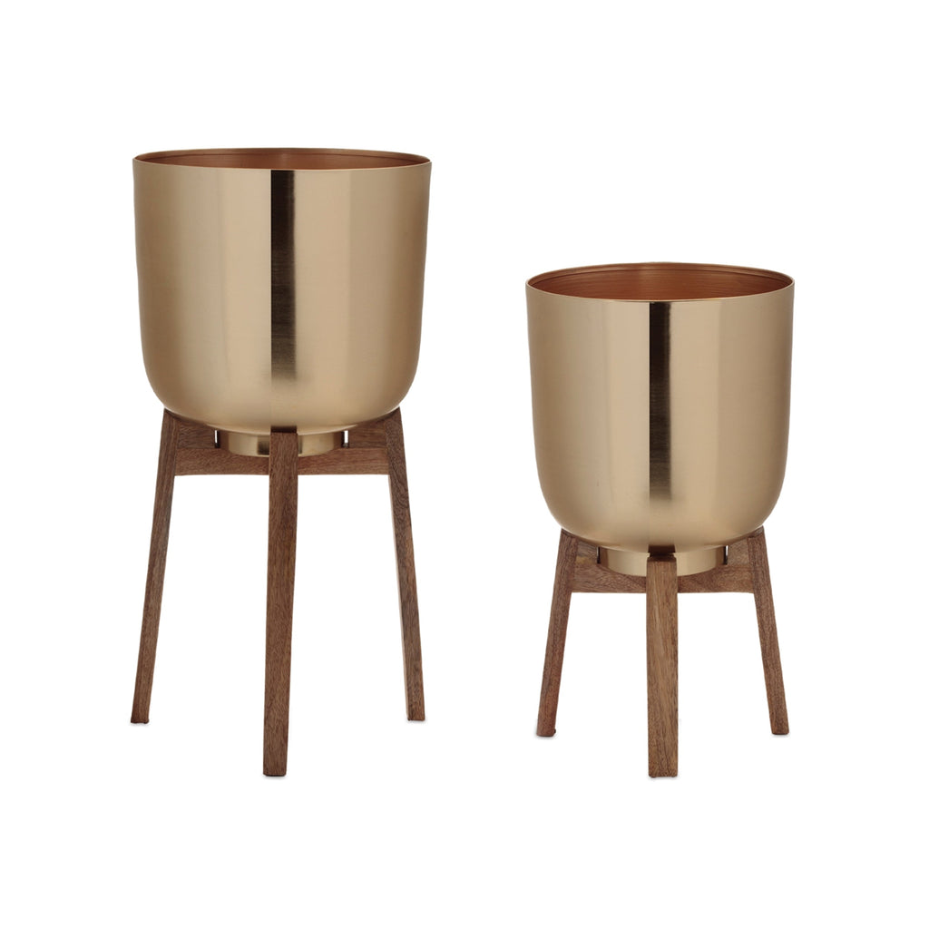 Round Metal Planter with Wooden Stand (Set of 2)